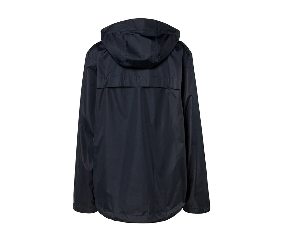 Szczegółowy widok z tyłu unisex kurtki przeciwdeszczowej z kapturem.