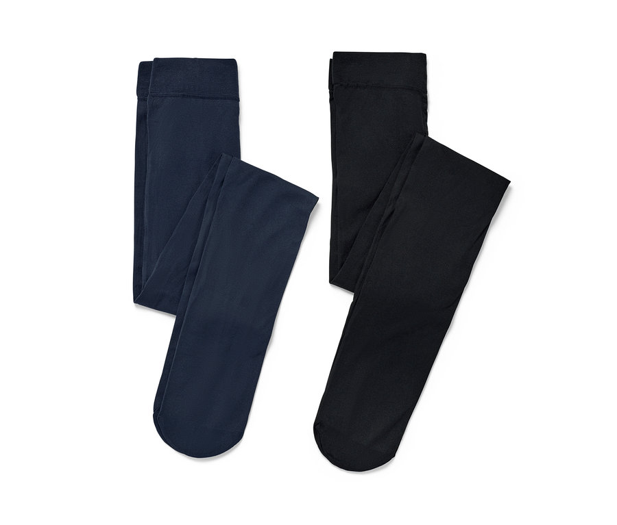 Dwie pary nylonowych rajstop dziecięcych: jedna granatowa i jedna czarna.