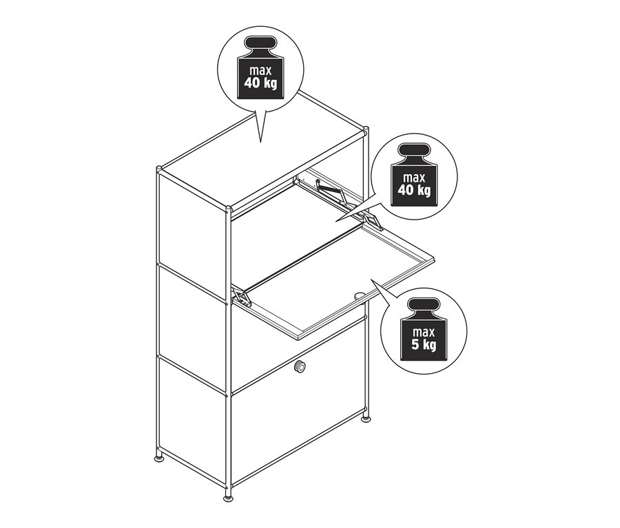 Szkic komody „CN3” z 3 parami drzwiczek uchylnych, z których górne i środkowe są otwarte. Maksymalne obciążenie wynosi 40 kg dla dwóch górnych i 5 kg dla dolnych.