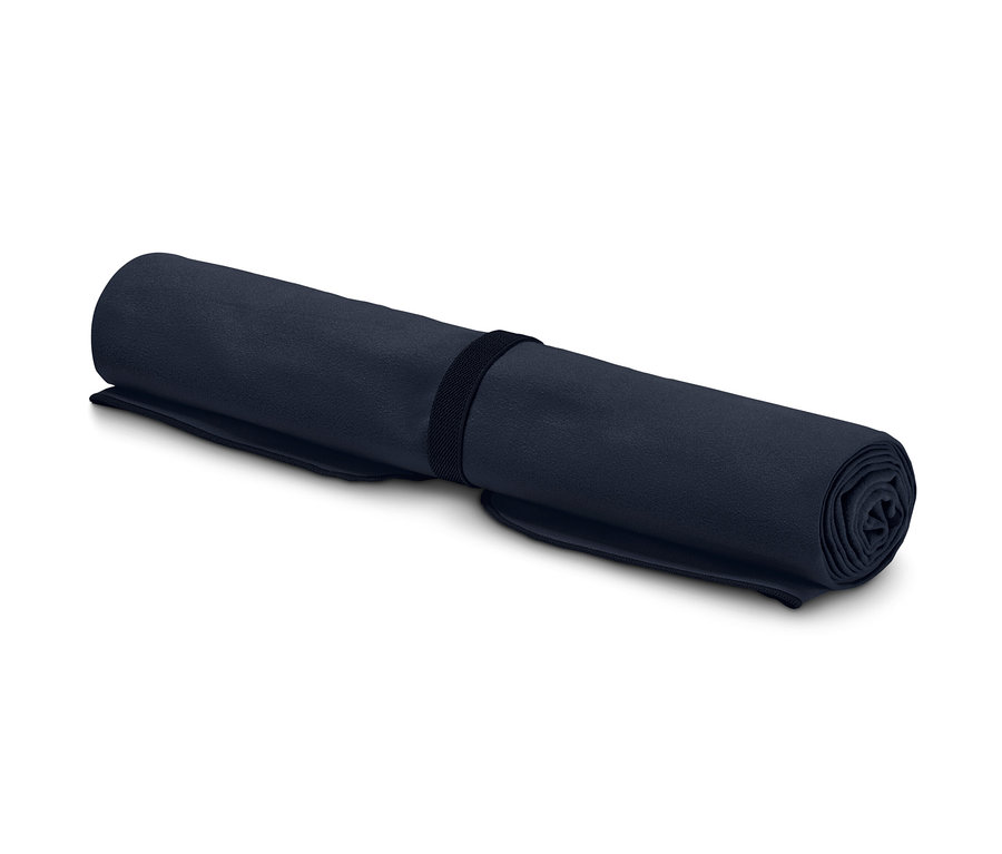 Zrolowany turystyczny ręcznik kąpielowy XL, ok. 100 x 180 cm, z czarnym paskiem.