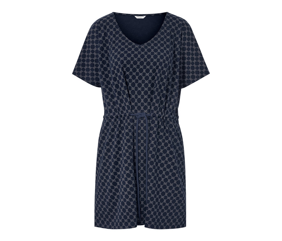 Granatowa tunika plażowa z krótkim rękawem i wzorem.