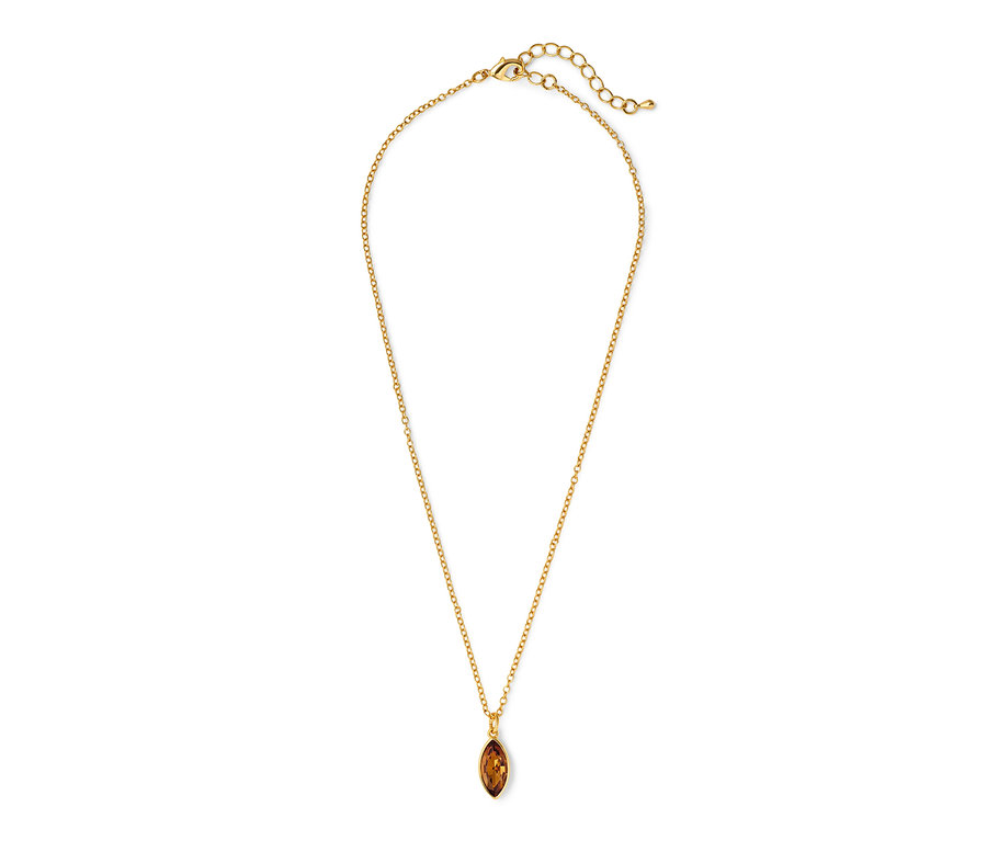 Złoty naszyjnik z brązowym kamieniem w kształcie łódki.