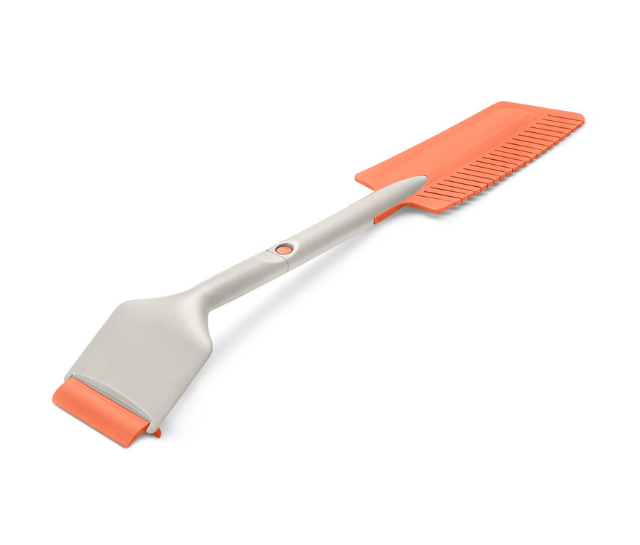 Skrobaczka do samochodu, składana, z pomarańczowym ostrzem i grzebieniem do lodu.