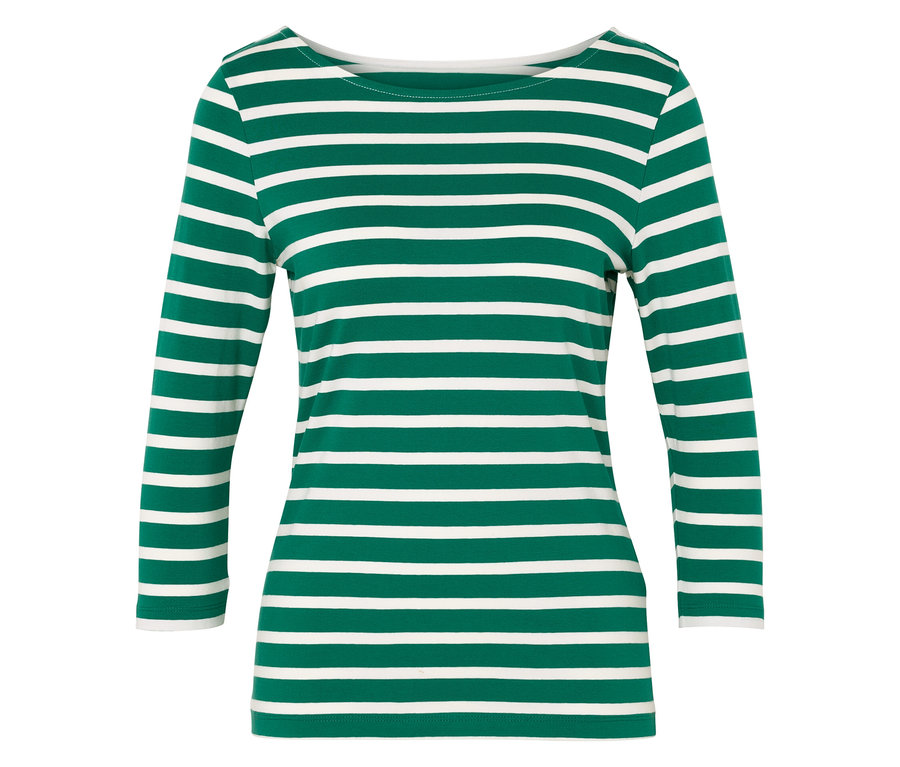 Zielono-biała bluzka w paski z długim rękawem.