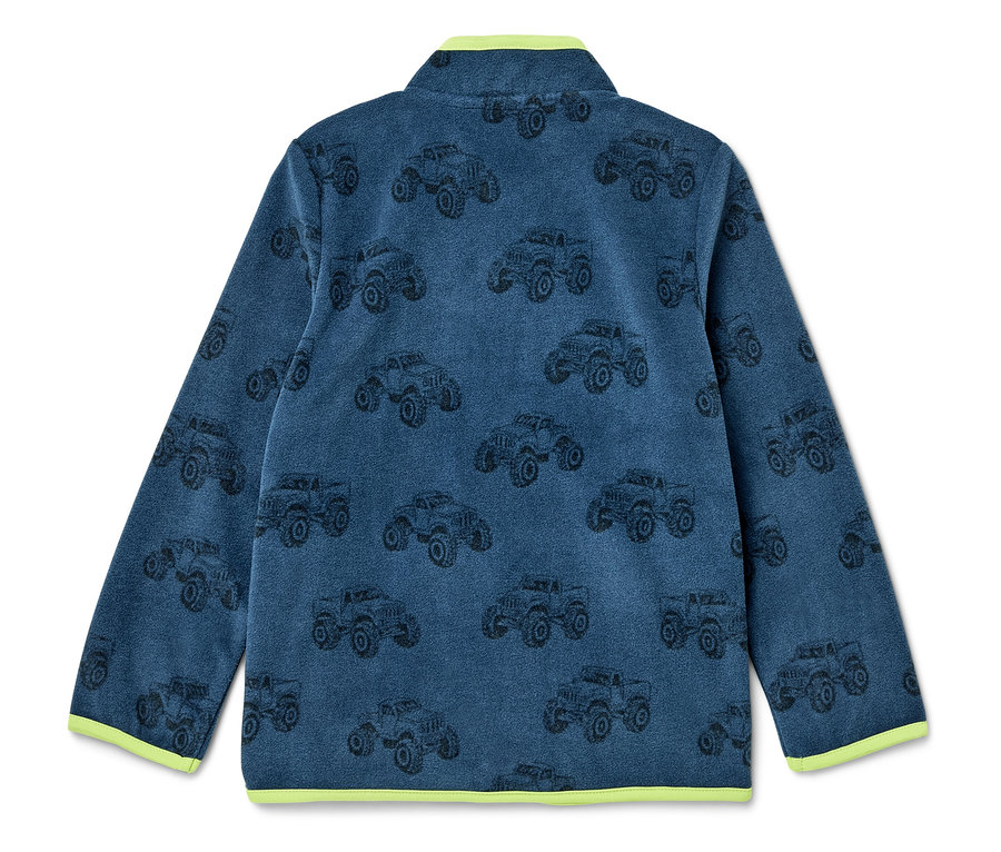 Niebieska bluza polarowa we wzór monster trucków z neonowo zielonym wykończeniem.