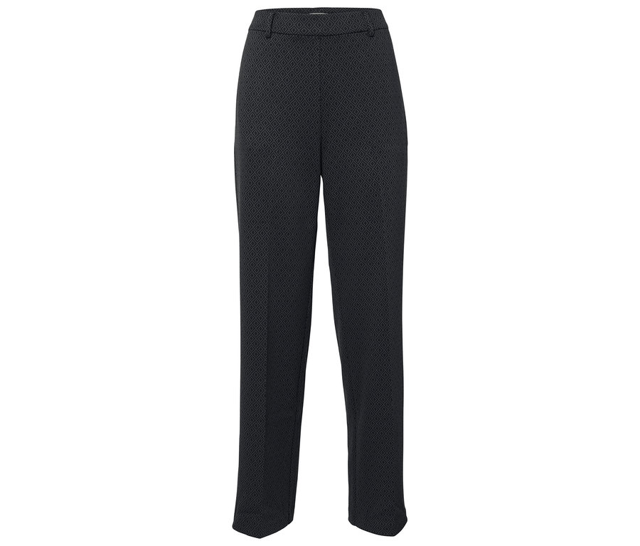 Czarne spodnie z geometrycznym wzorem.