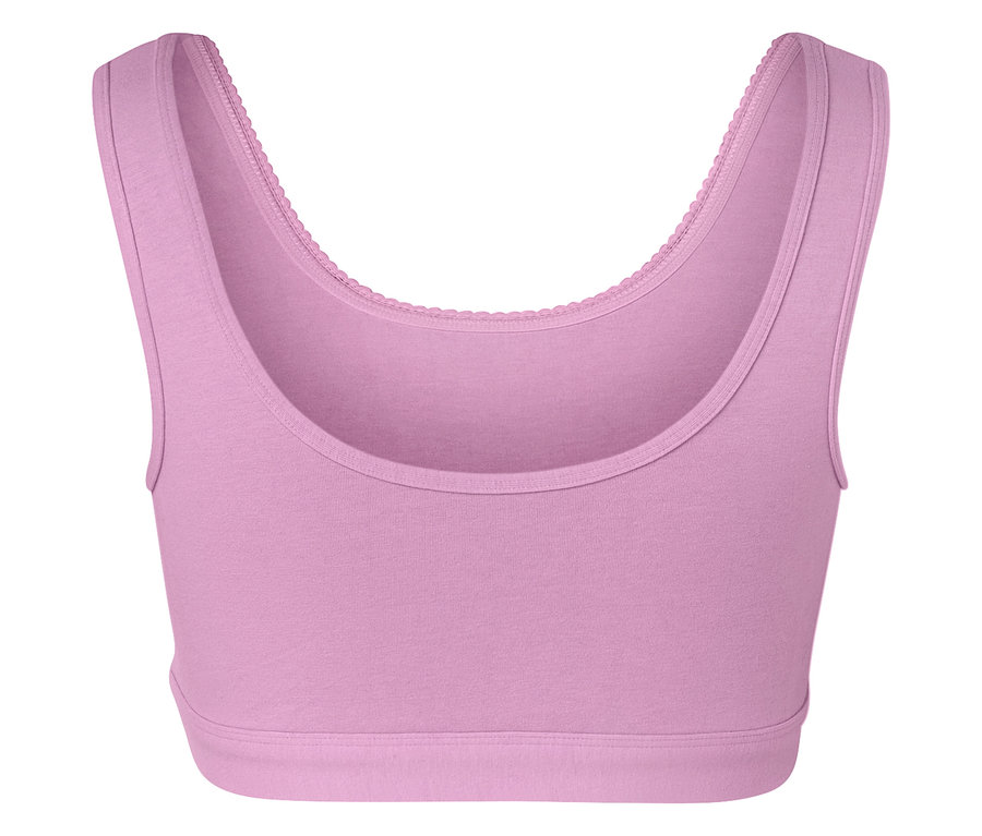 Szczegół fioletowego stanika sportowego z ozdobnym brzegiem.