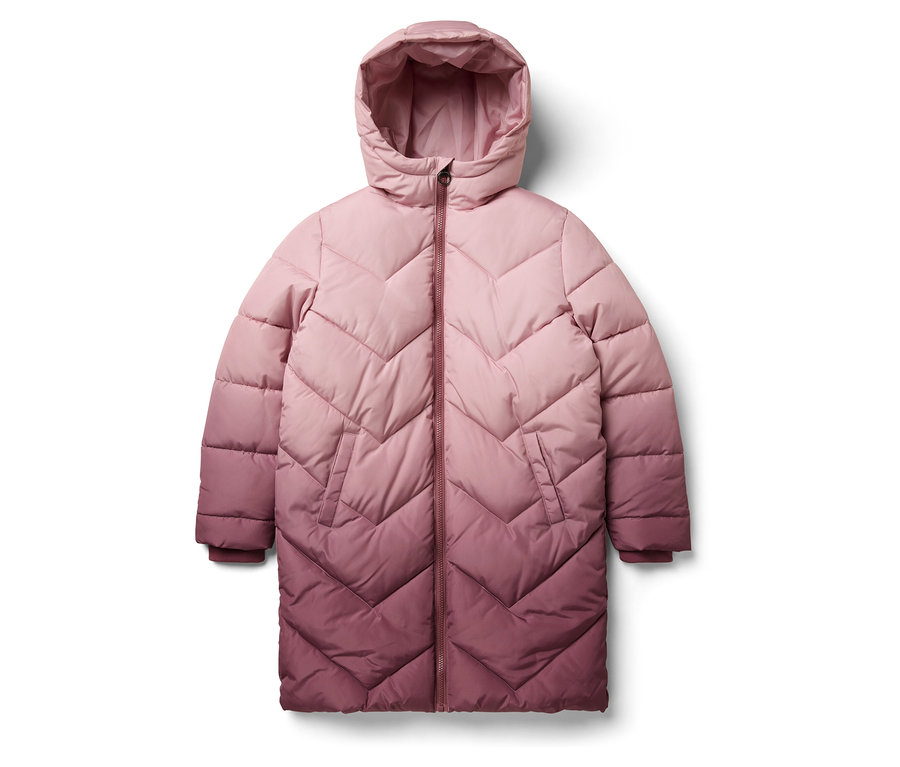 Różowa, pikowana kurtka puchowa z kapturem i zamkiem błyskawicznym.