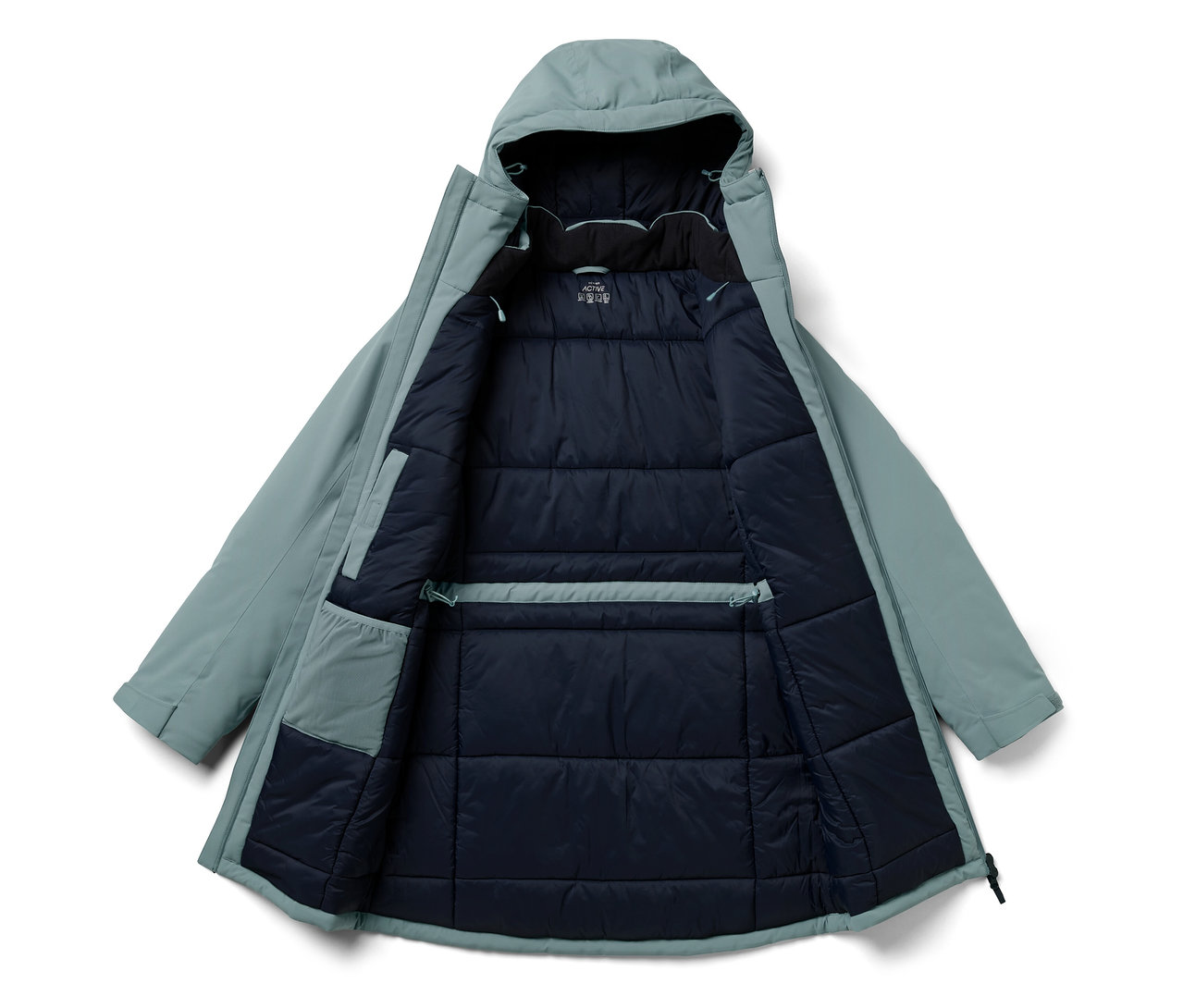 Otwarta, jasnozielona kurtka z kapturem z ciemnoniebieskim wnętrzem.