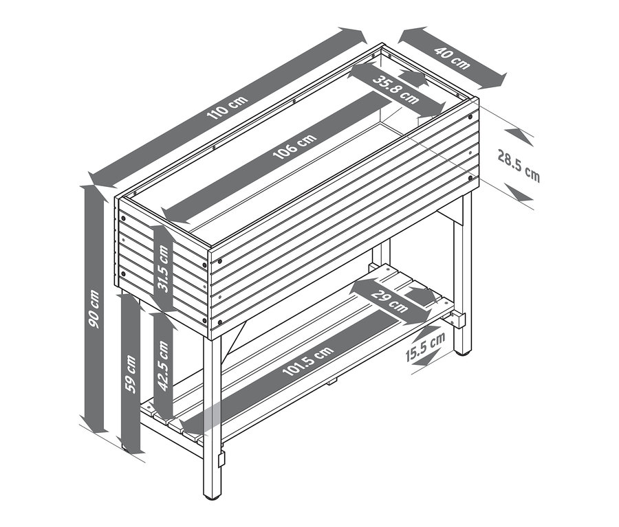 Wymiary wysokiej rabatki z półką „Tinus” są oznaczone strzałkami.