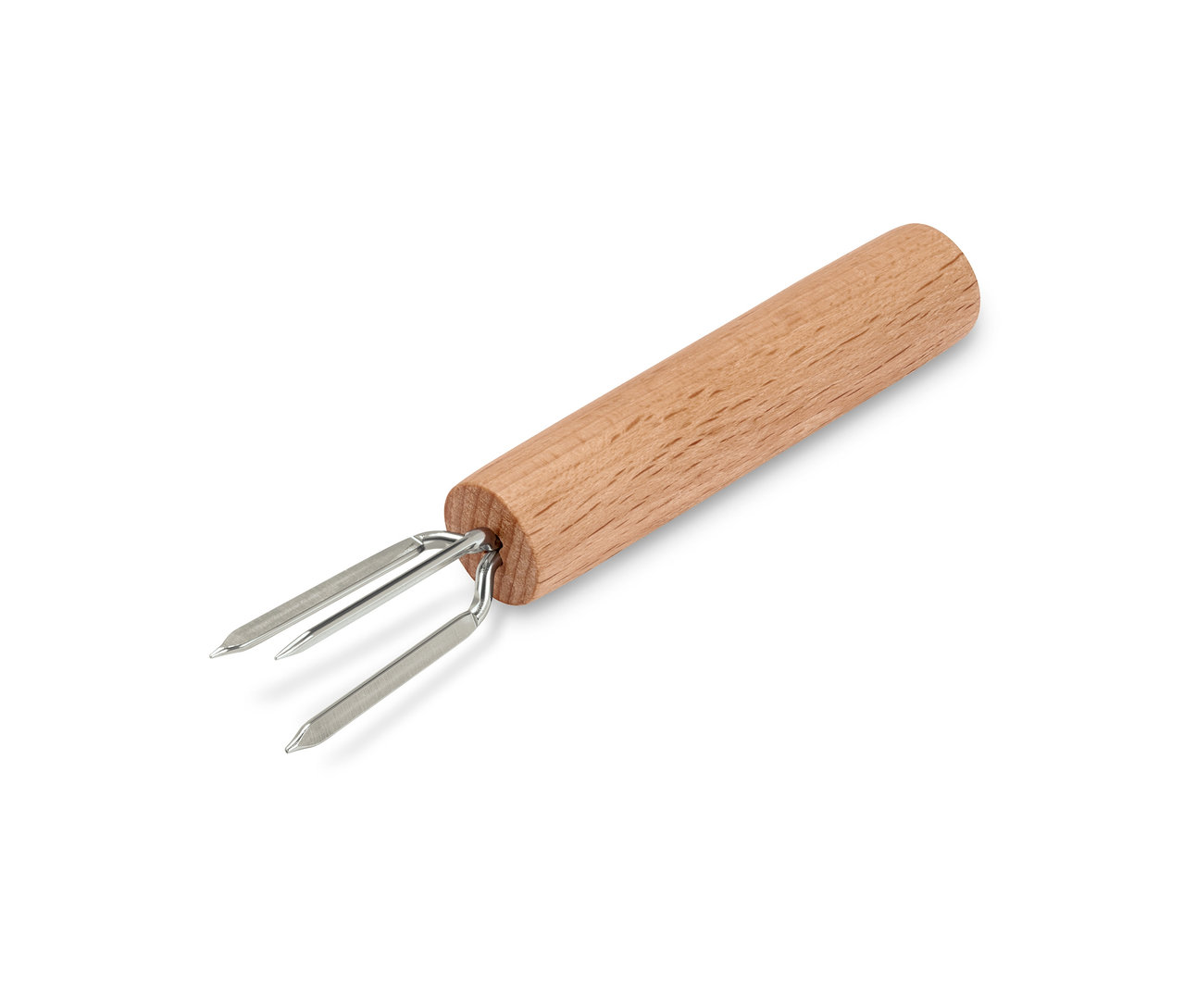 Jeden uchwyt do kolb kukurydzy z drewnianą rączką i dwoma srebrnymi zębami.