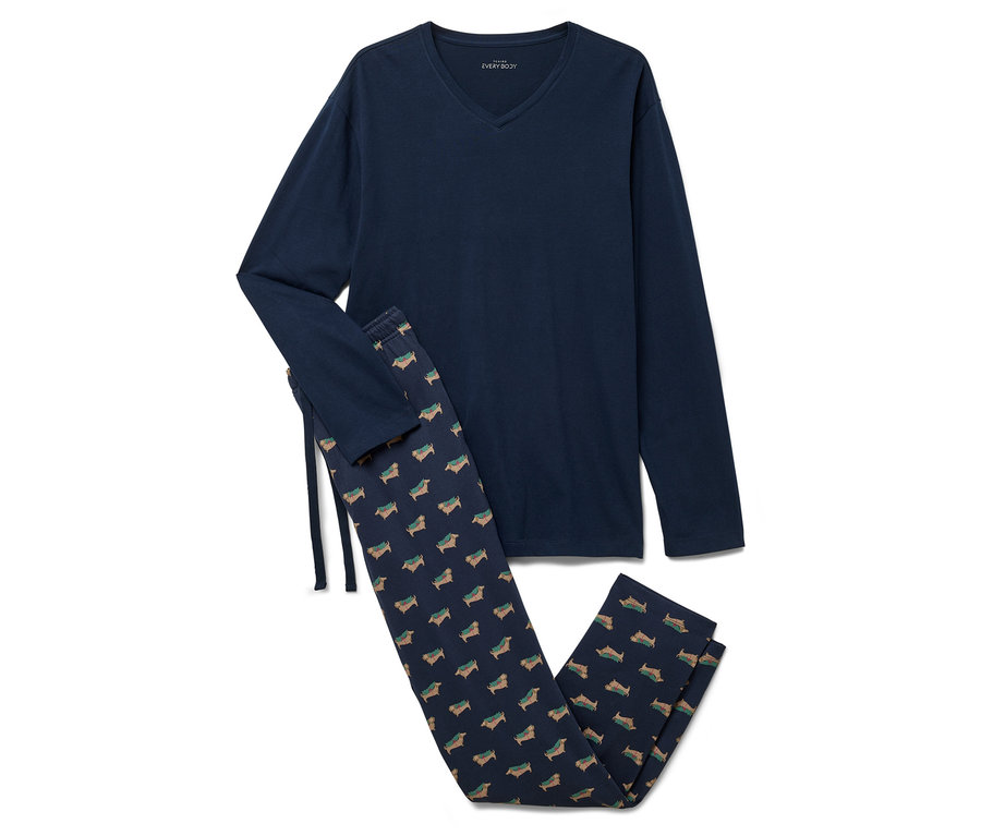Komplet granatowej piżamy z długim rękawem i spodniami we wzór jamników.