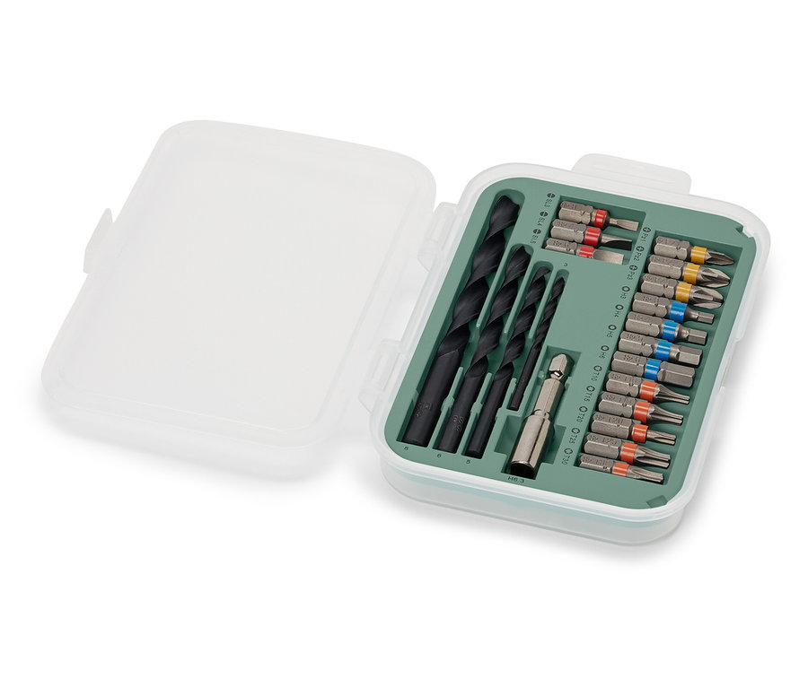 Zestaw do wkrętarek i wiertarek w otwartym pudełku.