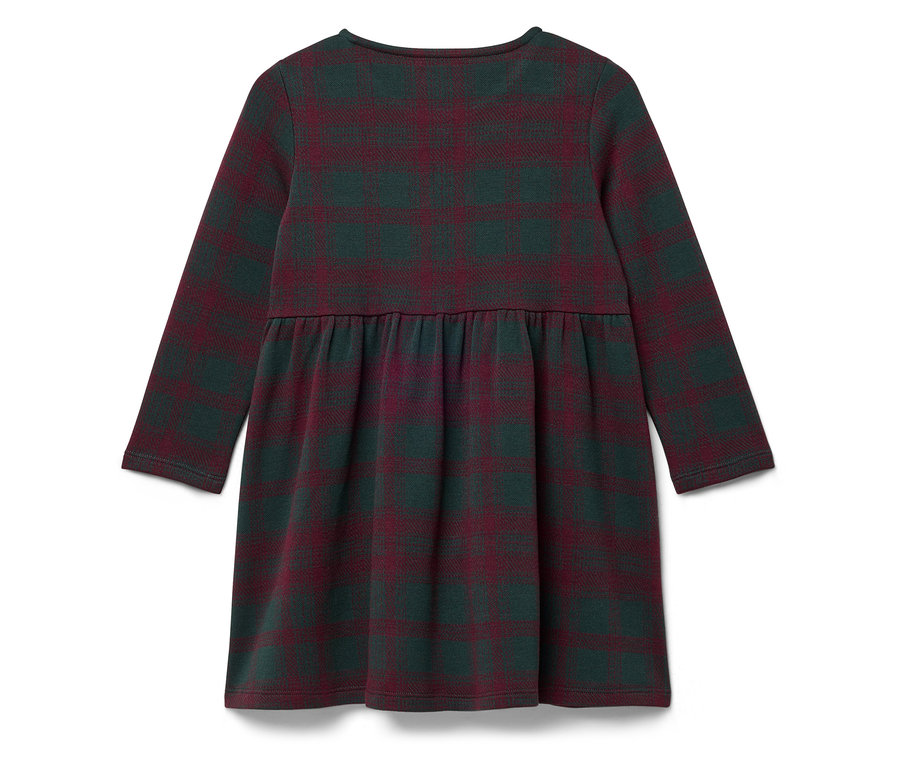 Widok z tyłu sukienki dziewczęcej z długim rękawem w kratę w kolorze ciemnozielonym i bordowym.