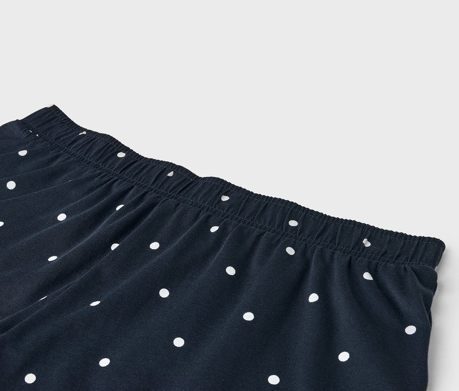 Zbliżenie granatowych spodni w białe kropki z elastycznym pasem.