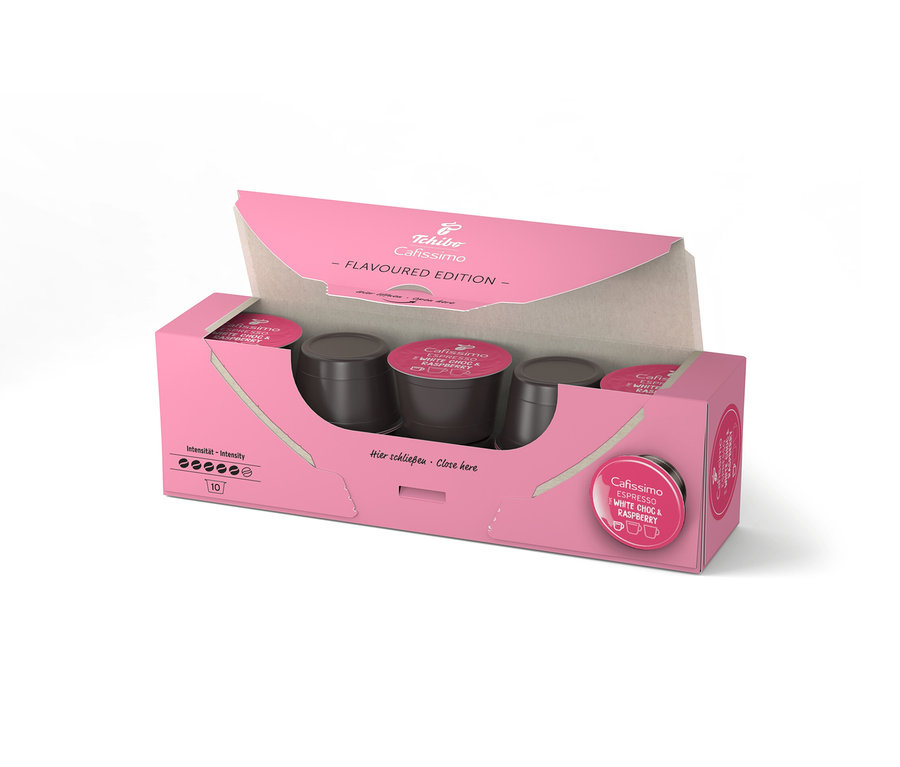 Otwarte, różowe opakowanie Cafissimo Flavoured Espresso – White Choc & Raspberry z dziesięcioma kapsułkami w środku.
