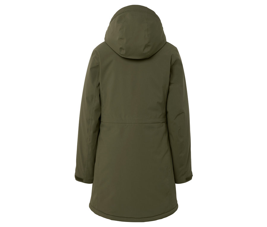 Widok z tyłu oliwkowozielonej kurtki zimowej z kapturem.