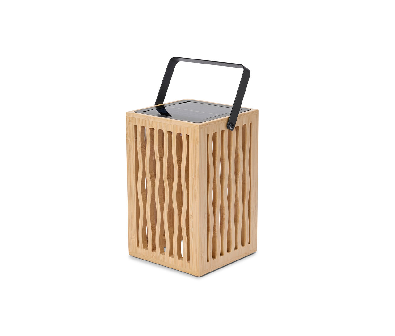 Kwadratowa latarnia z jasnego drewna z czarnym uchwytem na górze i panelem słonecznym na górze.