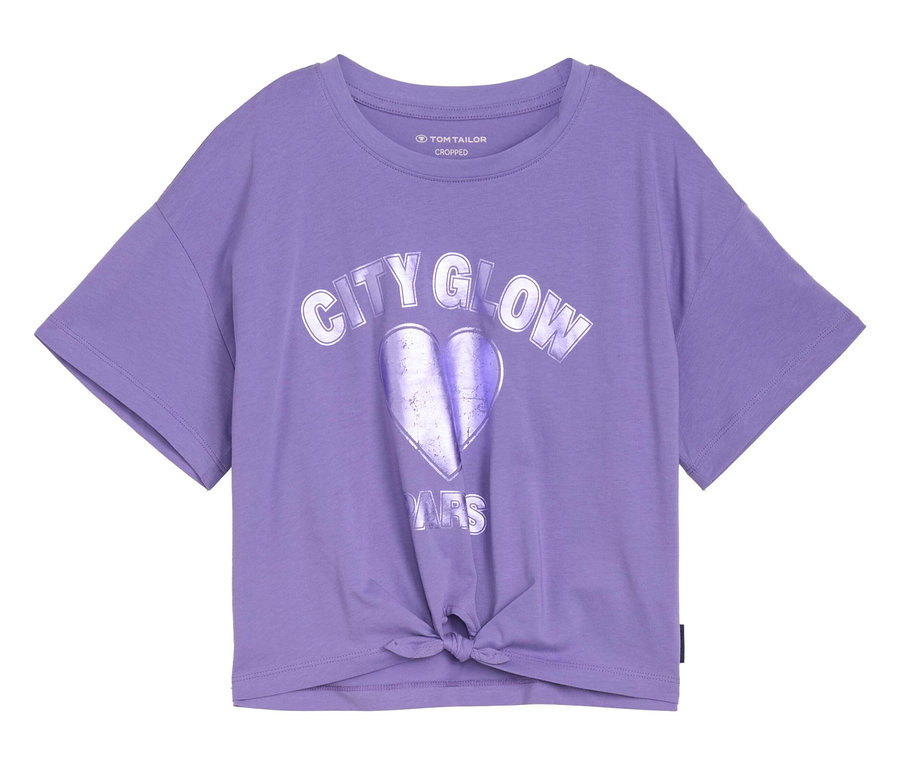 Liliowy T-shirt z motywem serca "City Glow" i węzłem z przodu.
