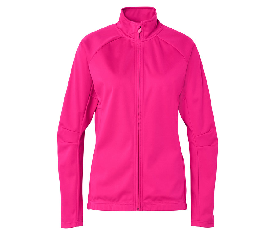 Różowa kurtka polarowa z pełnym zamkiem błyskawicznym na białym tle.