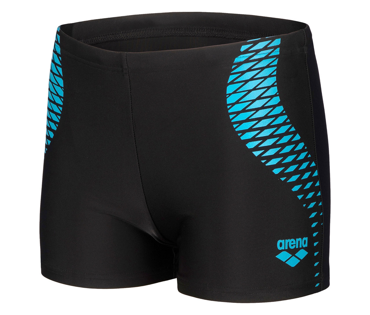 Czarne kąpielówki z niebieskim wzorem i logo Arena.