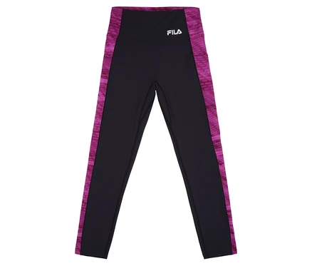 Czarne damskie legginsy sportowe FILA z różowymi paskami po bokach, sfotografowane z przodu.