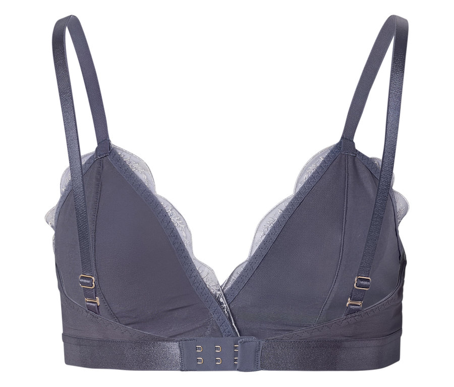 Szary biustonosz z koronką i regulowanymi ramiączkami, widok z tyłu.