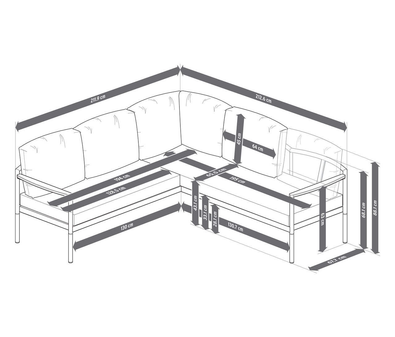 Wymiary narożnika jadalnego "Elin" z szerokością, głębokością i wysokością w centymetrach.