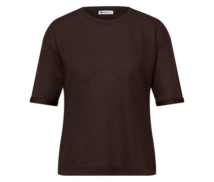 Ciemnobrązowy T-Shirt Street One z teksturowanym wzorem, okrągłym dekoltem i podwiniętymi rękawami.