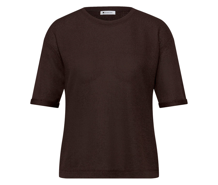 Ciemnobrązowy T-Shirt Street One z teksturowanym wzorem, okrągłym dekoltem i podwiniętymi rękawami.