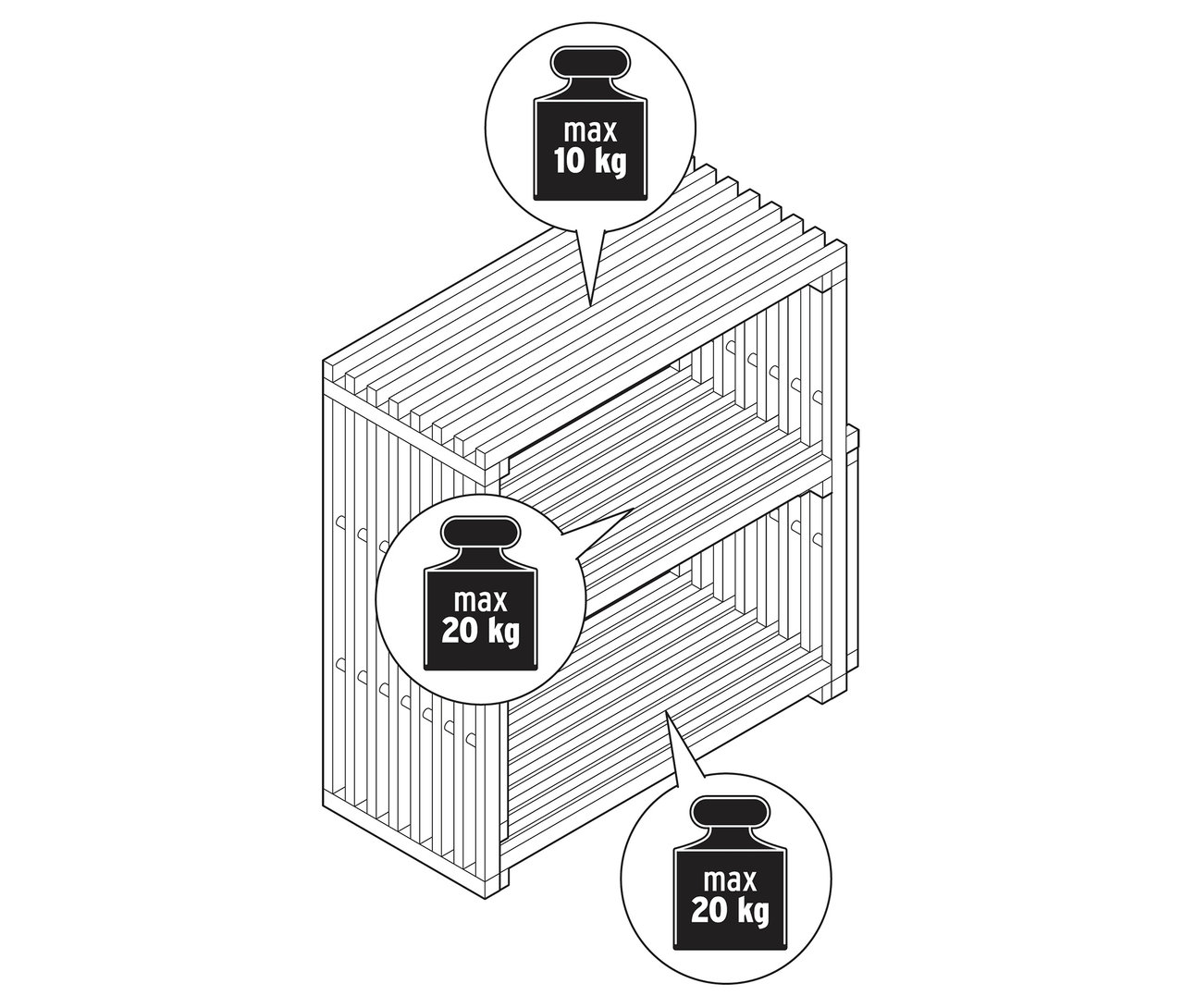 Widok z góry na wysuwany regał schodkowy „FLEKSIBEL” z trzema półkami i informacją o wadze.