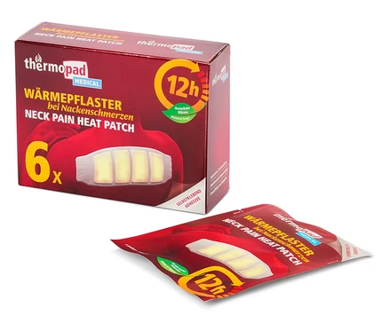 Widoczny jest pakiet i pojedynczy plaster rozgrzewający na szyję Thermopad MEDICAL.