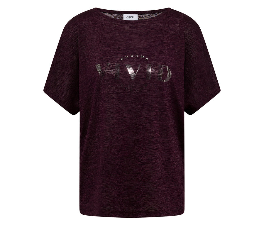 Ciemnoczerwony T-shirt z okrągłym dekoltem i srebrnym napisem "DREAMS VIVID".