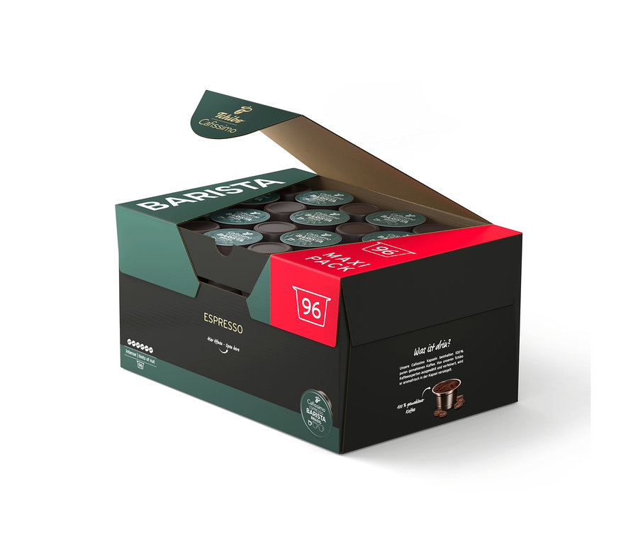 Otwarte opakowanie Tchibo Cafissimo Barista Espresso Brasil z 96 kapsułkami kawy, ciemnozielone i czarne z czerwonymi akcentami.