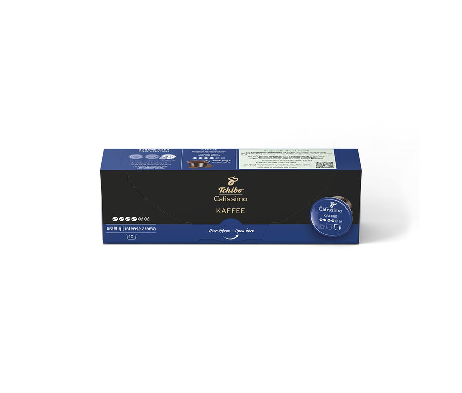 Ciemnoniebieskie opakowanie kawy w kapsułkach Tchibo Cafissimo Kaffee Intense Aroma, zawierające 10 sztuk, z napisem "kräftig | intense aroma".