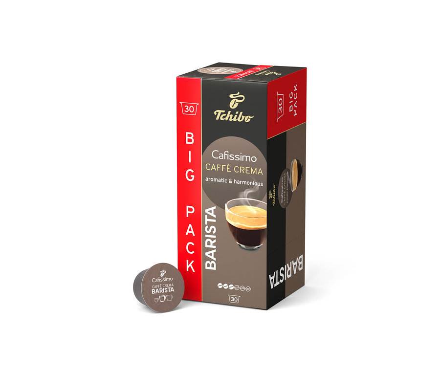 Paczka kapsułek Tchibo Cafissimo Caffe Crema Barista stoi na białym tle.