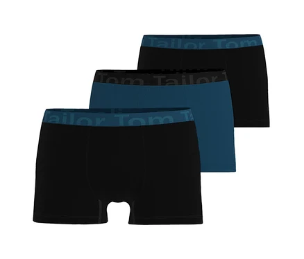 Trzy bokserki Tom Tailor „Buffer”, dwie czarne i jedna ciemnoniebieska, ułożone w stos z widocznym logo Tom Tailor na pasie.