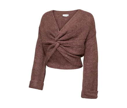 Mauve, krótki sweter dzianinowy MAMALICIOUS SVALA z dekoltem w serek i skręconym węzłem z przodu.