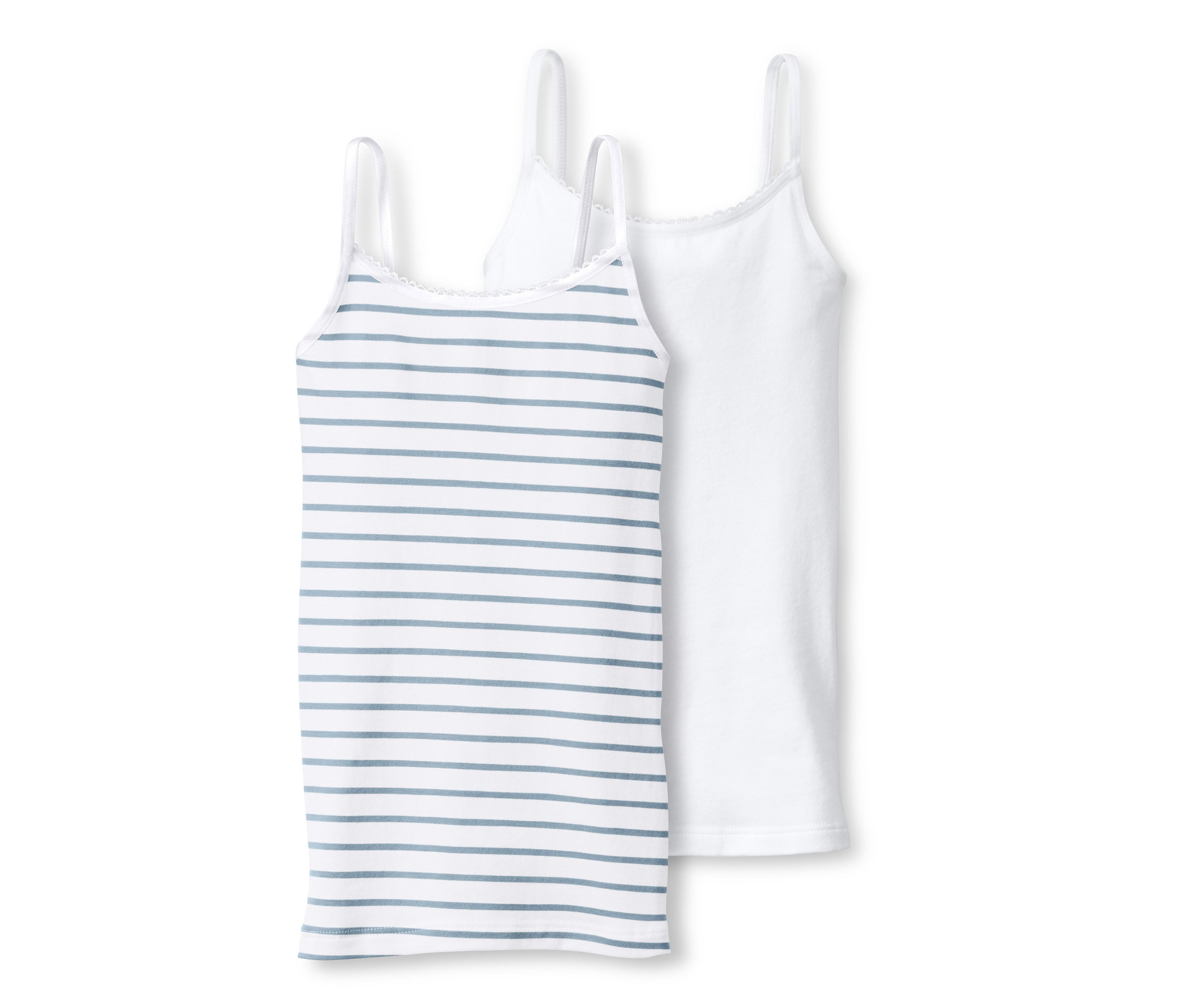 Dwa podkoszulki dziewczęce na ramiączkach: jeden biały i jeden w paski.