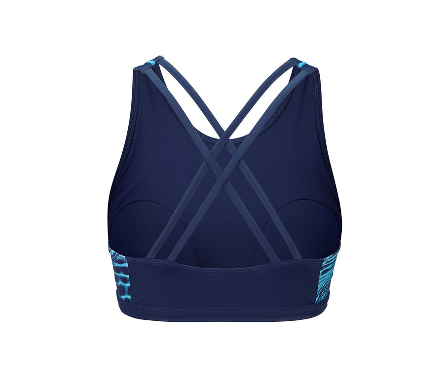 Detale granatowego topu sportowego od bikini z turkusowymi wstawkami ozdobnymi i skrzyżowanymi ramiączkami z tyłu.