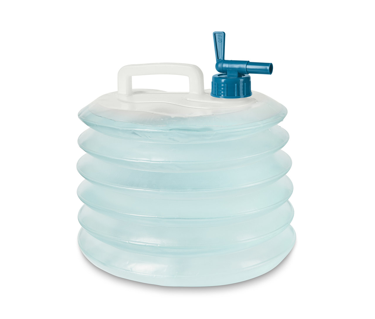 Składany kanister na wodę z niebieskim kranem.