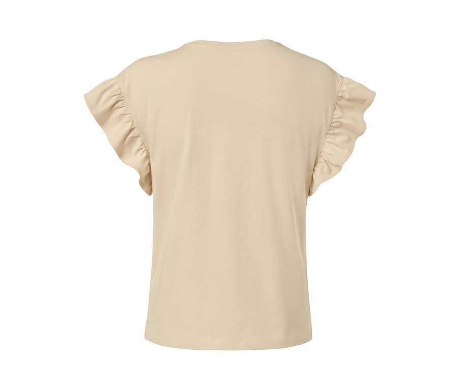 Piaskowa bluzka z falbankami na rękawach.