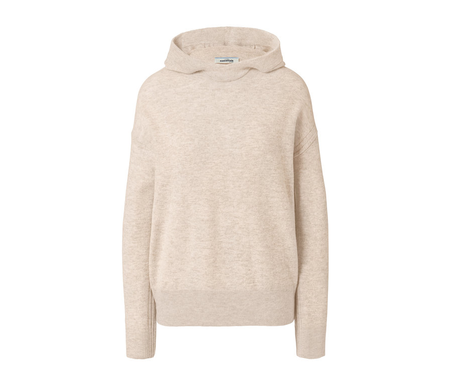 Beżowy sweter z delikatnej dzianiny z kapturem.