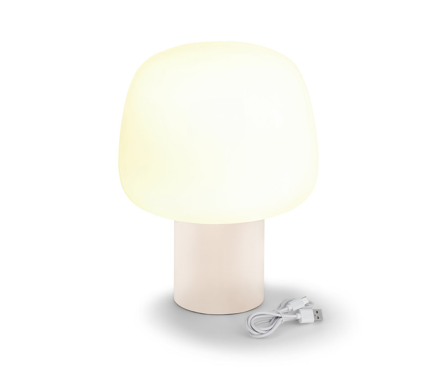 Biała akumulatorowa lampa stołowa LED z kablem do ładowania.