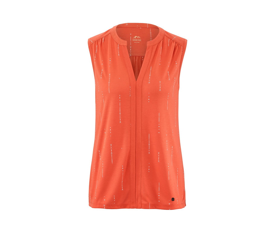 Pomarańczowy top funkcyjny z białym nadrukiem.