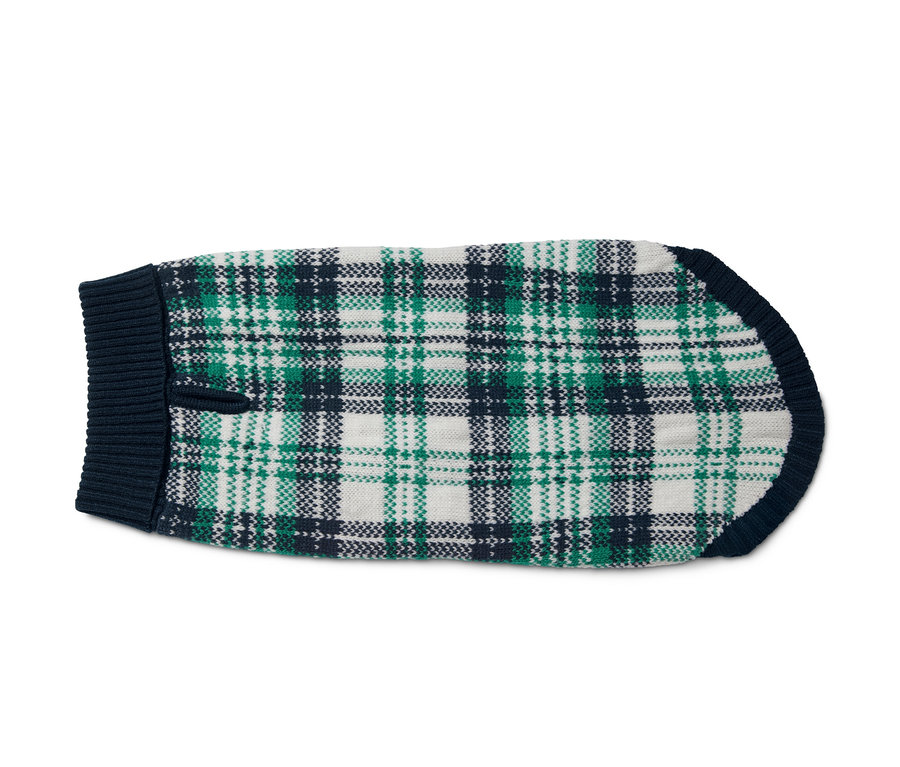 Sweter dla psa w zielono-granatowo-białą kratę.