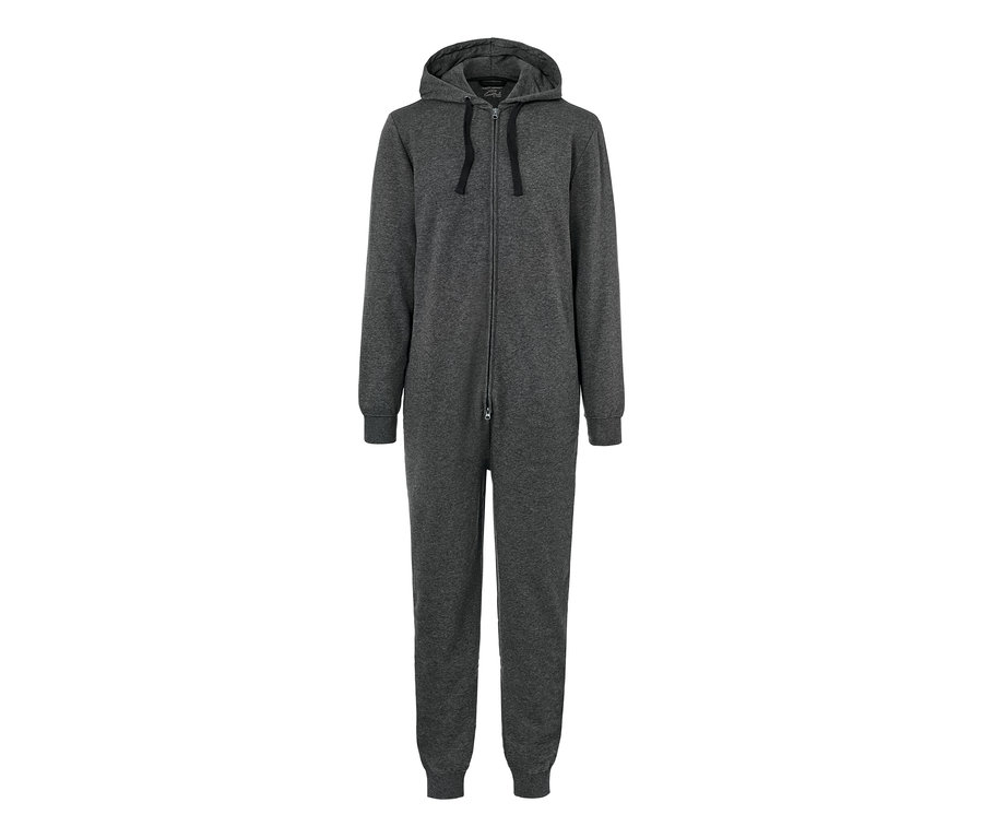 Szary kombinezon rekreacyjny z miękkiej dzianiny dresowej, z kapturem i zamkiem błyskawicznym.