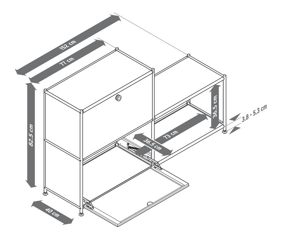 Wymiary szafki typu sideboard „CN3” z dwoma parami drzwiczek, jasnoszarej i błękitu bazaltowego, oraz metalowego regału »CN3« z 3 półkami, białego.