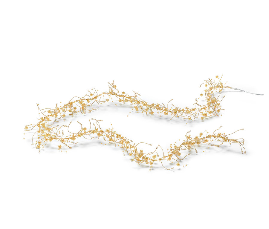 Girlanda LED z ozdobnymi perłami na białym tle.