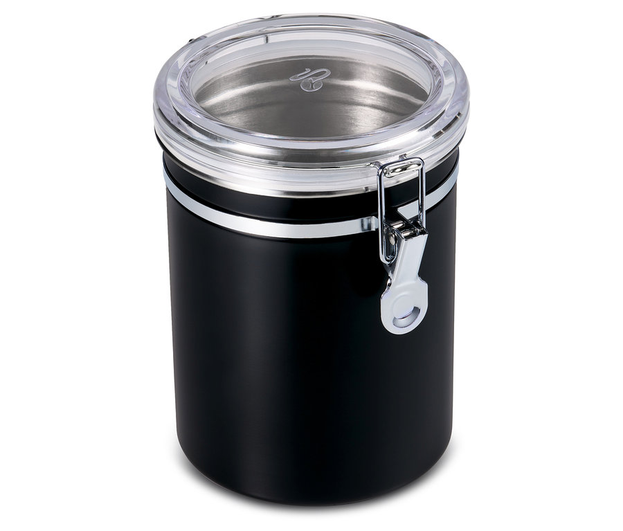 Czarna puszka zatrzymująca zapach z przezroczystą pokrywką.